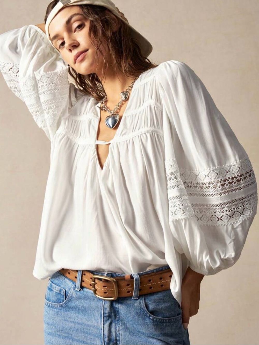Boho Lace-Inset White Peasant Blouse - Women Tops